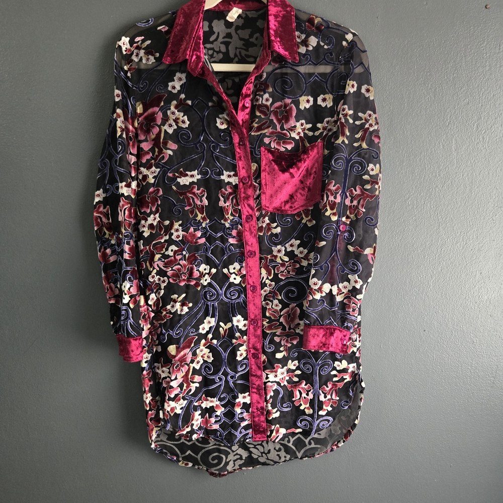 Velvet Burnout Sheer Floral Women's Small Whimsigoth Tunic - Picture 7 of 9